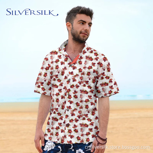 Print Men Blouse Short Red Flower Custom Shirt
